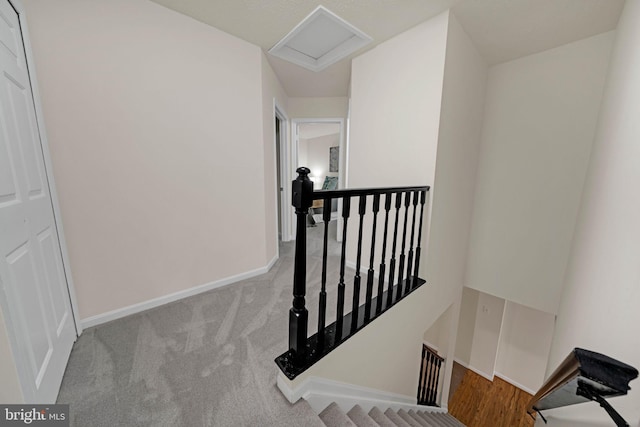 9120 Galbreth Ct, Springfield, VA 22153 - stairway featuring attic access, carpet flooring, and baseboards