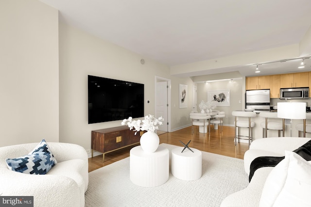 living room with baseboards, rail lighting, and light wood-style floors
