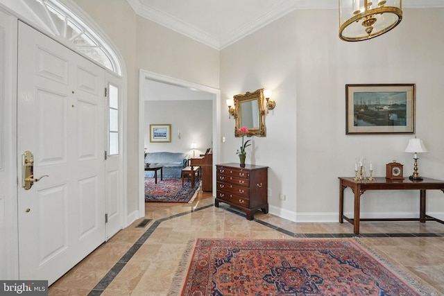 foyer entrance with baseboards, ornamental molding, and visible vents