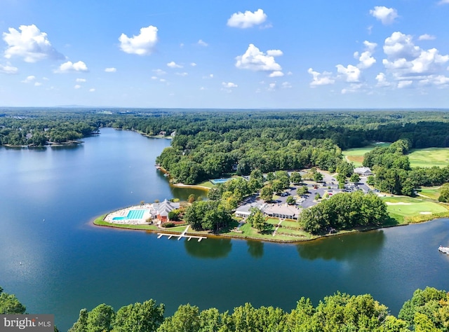 birds eye view of property featuring a water view and a wooded view