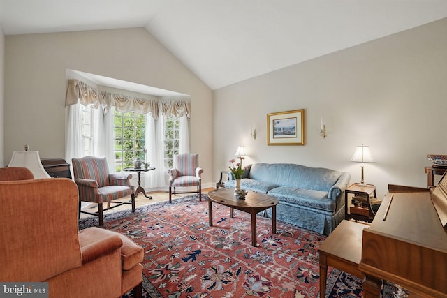 living room featuring high vaulted ceiling