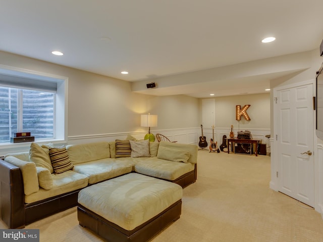 112 E Jefferson St E, Falls Church, VA 22046 - living room with a wainscoted wall, recessed lighting, light colored carpet, and a decorative wall