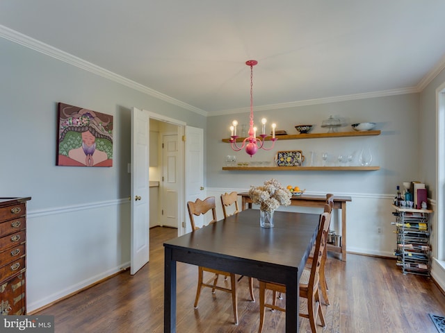 112 E Jefferson St E, Falls Church, VA 22046 - dining room featuring a chandelier, ornamental molding, wood finished floors, and baseboards