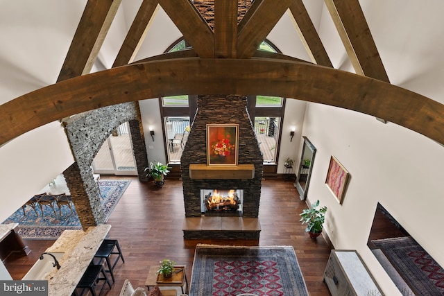 360 Fishing Creek Valley Rd, Harrisburg, PA 17112 - living area with high vaulted ceiling, beam ceiling, decorative columns, stairs, and wood-type flooring