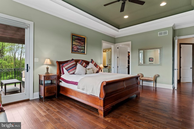360 Fishing Creek Valley Rd, Harrisburg, PA 17112 - bedroom featuring crown molding, access to exterior, hardwood / wood-style flooring, a raised ceiling, and baseboards