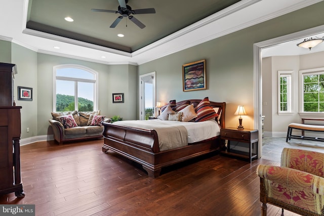 360 Fishing Creek Valley Rd, Harrisburg, PA 17112 - bedroom featuring a raised ceiling, multiple windows, dark wood finished floors, baseboards, and ornamental molding