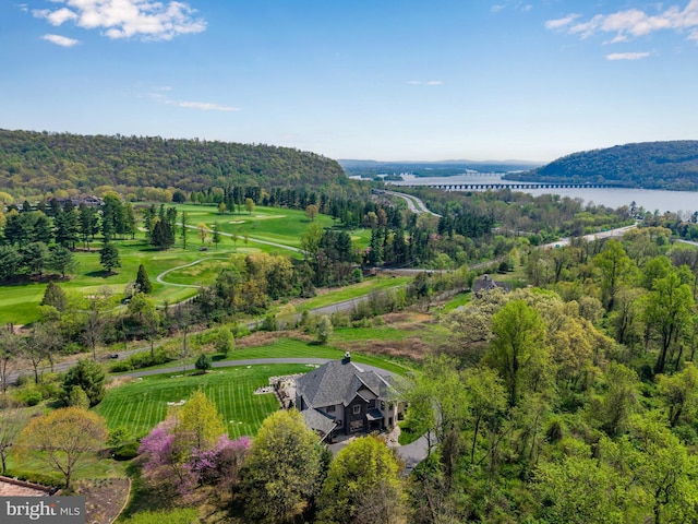 birds eye view of property featuring a water view and a wooded view
