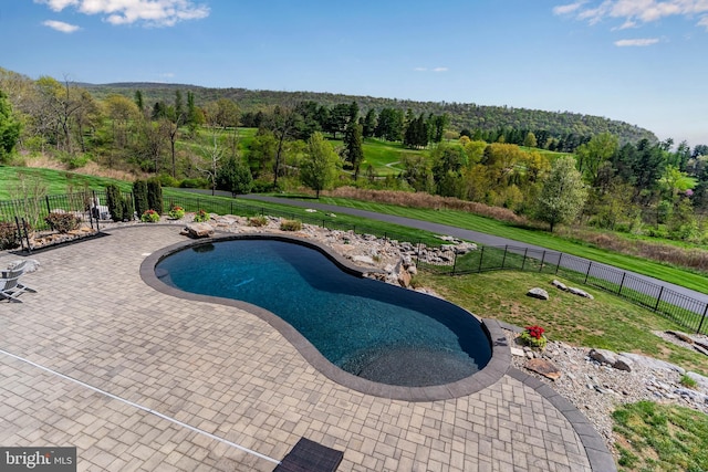 view of pool with a lawn, fence, a patio area, and a fenced in pool