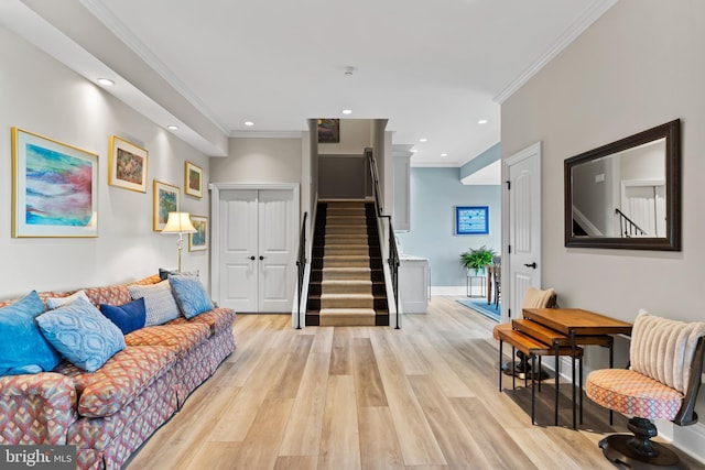 360 Fishing Creek Valley Rd, Harrisburg, PA 17112 - living area with stairs, ornamental molding, light wood-style floors, recessed lighting, and baseboards
