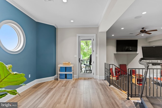 360 Fishing Creek Valley Rd, Harrisburg, PA 17112 - playroom featuring wood finished floors, crown molding, recessed lighting, baseboards, and a ceiling fan