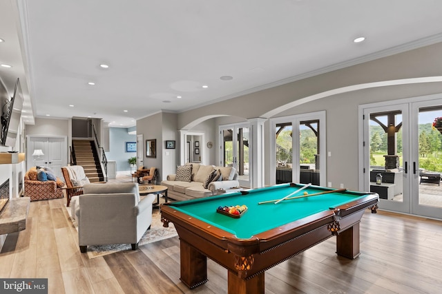 360 Fishing Creek Valley Rd, Harrisburg, PA 17112 - game room with french doors, crown molding, wood finished floors, pool table, and recessed lighting