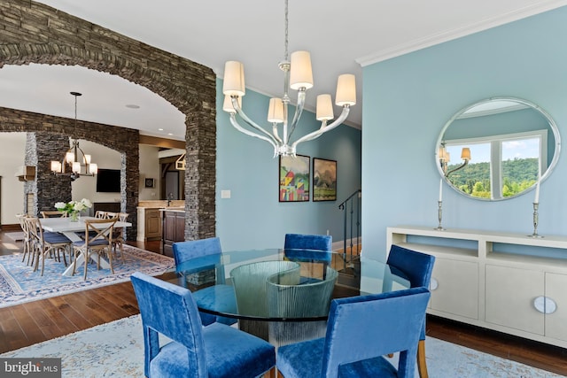 360 Fishing Creek Valley Rd, Harrisburg, PA 17112 - dining room with a chandelier, hardwood / wood-style flooring, ornamental molding, and arched walkways