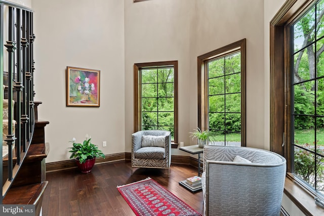 360 Fishing Creek Valley Rd, Harrisburg, PA 17112 - living area with wood-type flooring, baseboards, and a towering ceiling