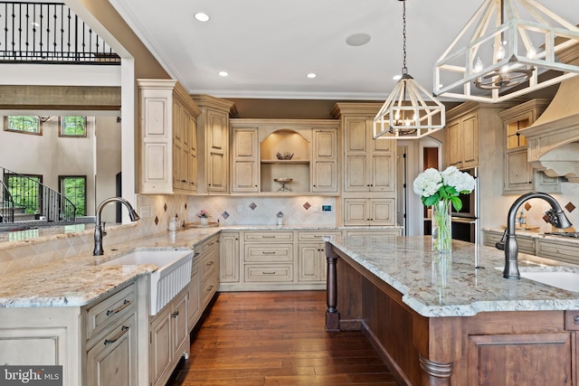 360 Fishing Creek Valley Rd, Harrisburg, PA 17112 - kitchen featuring a chandelier, open shelves, dark wood-style floors, light stone counters, and a sink