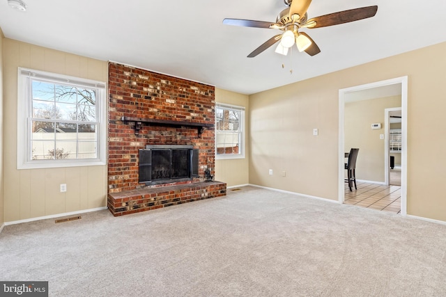 15700 Presswick Ln, Bowie, MD 20716 - unfurnished living room with visible vents, baseboards, a fireplace, carpet, and a ceiling fan
