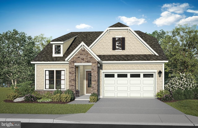view of front of home featuring concrete driveway, stone siding, a shingled roof, a front yard, and a garage