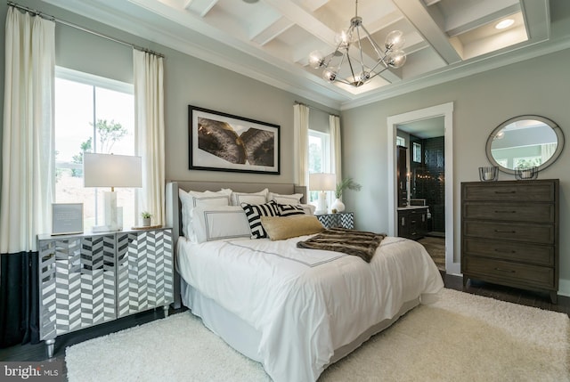bedroom with beam ceiling, multiple windows, ornamental molding, and a notable chandelier