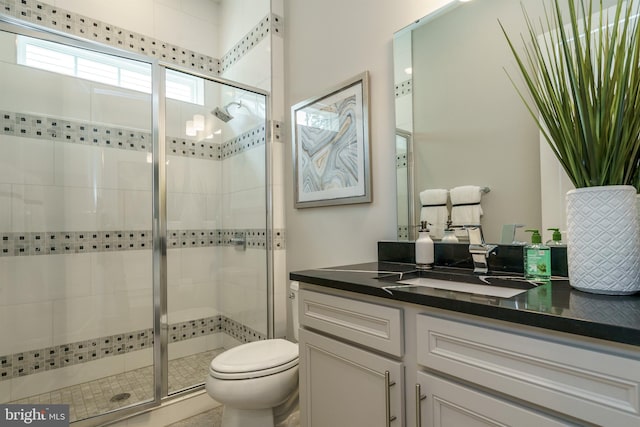 full bathroom featuring a shower stall, toilet, and vanity