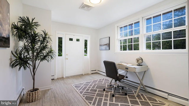 office featuring wood finished floors, baseboard heating, and baseboards