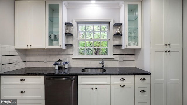 kitchen with dishwashing machine, a sink, ornamental molding, and white cabinetry