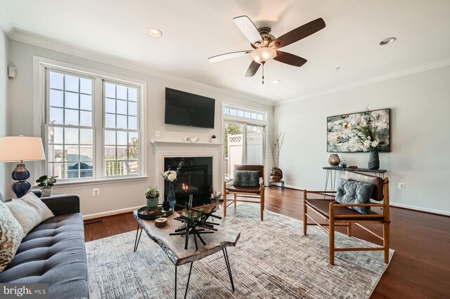 1308 Lowman St, Baltimore, MD 21230 - living room featuring baseboards, a ceiling fan, a glass covered fireplace, crown molding, and wood finished floors