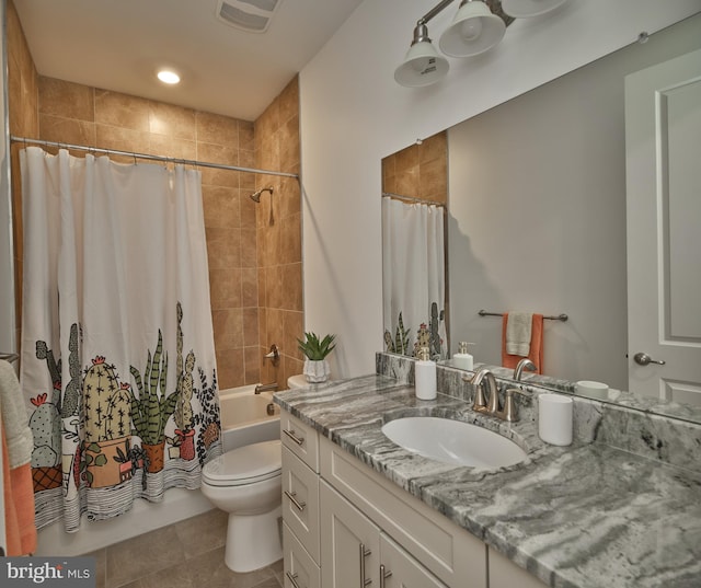 bathroom with toilet, shower / tub combo with curtain, visible vents, tile patterned flooring, and vanity