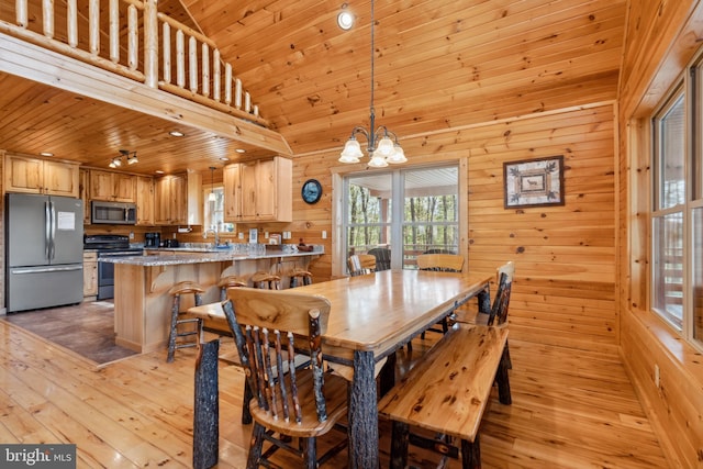 dining area with healthy amount of natural light, a chandelier, light wood-type flooring, wood walls, and wooden ceiling