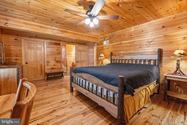 bedroom featuring light wood-style floors, wooden walls, and wooden ceiling