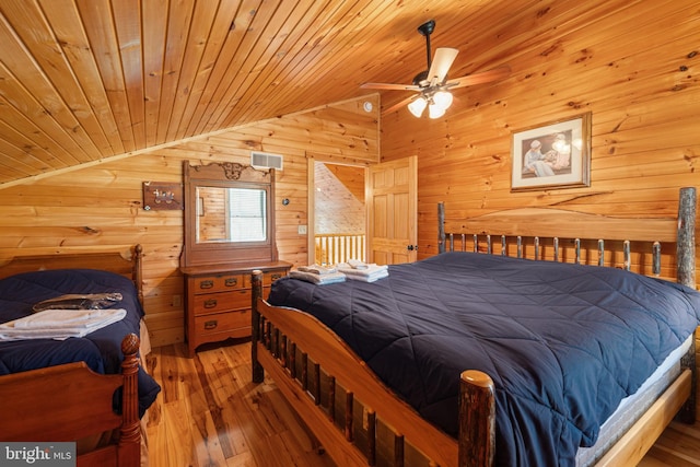 bedroom featuring lofted ceiling, wooden walls, wood-type flooring, and wood ceiling