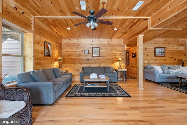 living area with wood ceiling, ceiling fan, wooden walls, wood finished floors, and recessed lighting
