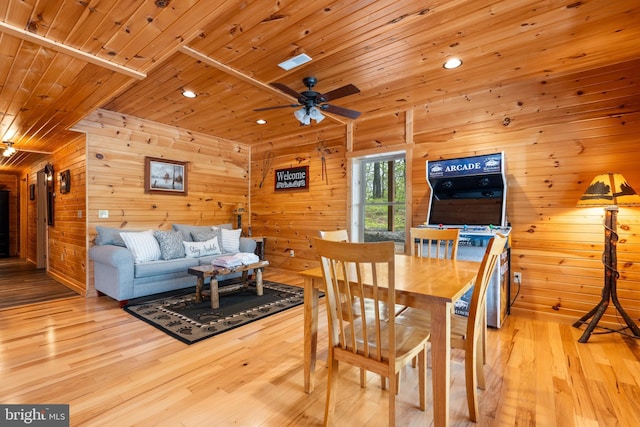 dining space featuring wood walls, wood finished floors, wood ceiling, ceiling fan, and recessed lighting