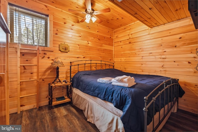 bedroom with wood finished floors, wooden walls, and wood ceiling