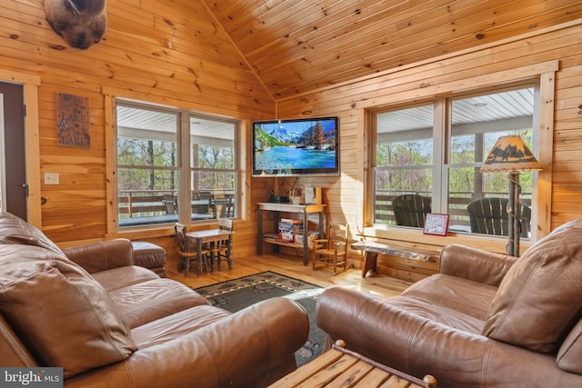 living area featuring wooden walls, vaulted ceiling, and wood finished floors