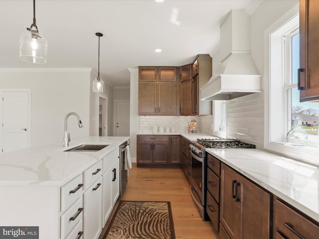 149 Matthew Dr, Chambersburg, PA 17201 - kitchen featuring decorative backsplash, a sink, custom exhaust hood, ornamental molding, and stainless steel appliances