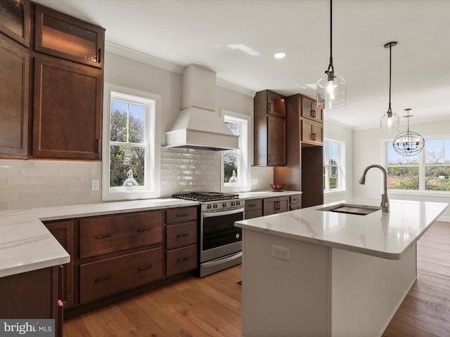 149 Matthew Dr, Chambersburg, PA 17201 - kitchen featuring a sink, premium range hood, stainless steel gas range, and crown molding