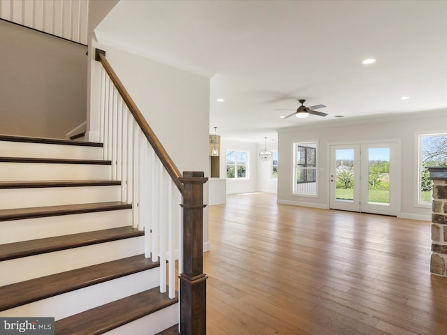 149 Matthew Dr, Chambersburg, PA 17201 - stairs with wood-type flooring, a ceiling fan, and recessed lighting