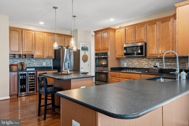 16 Zachary Ct, Boonsboro, MD 21713 - kitchen with beverage cooler, stainless steel appliances, a sink, dark countertops, and tasteful backsplash