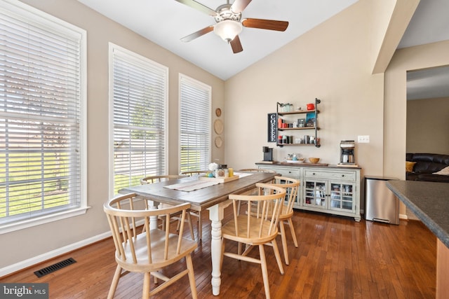 16 Zachary Ct, Boonsboro, MD 21713 - dining room with dark wood-type flooring, lofted ceiling, ceiling fan, and baseboards