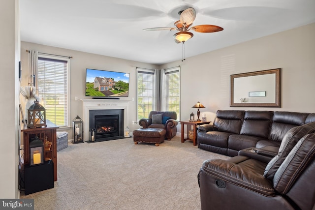 16 Zachary Ct, Boonsboro, MD 21713 - carpeted living area with a fireplace with flush hearth, healthy amount of natural light, and a ceiling fan