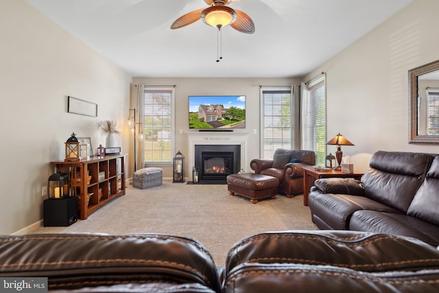 16 Zachary Ct, Boonsboro, MD 21713 - living room with carpet, a ceiling fan, plenty of natural light, and a fireplace with flush hearth