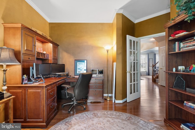 16 Zachary Ct, Boonsboro, MD 21713 - home office with dark wood-type flooring, ornamental molding, french doors, and baseboards
