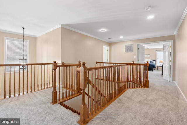 16 Zachary Ct, Boonsboro, MD 21713 - corridor featuring an upstairs landing, carpet flooring, ornamental molding, baseboards, and recessed lighting