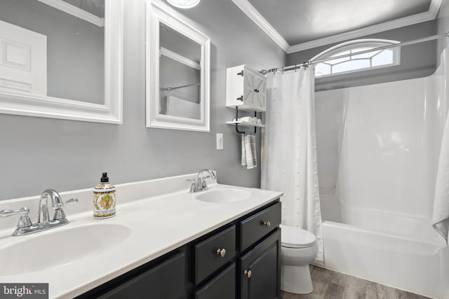 16 Zachary Ct, Boonsboro, MD 21713 - bathroom featuring toilet, double vanity, shower / tub combo with curtain, wood finished floors, and crown molding