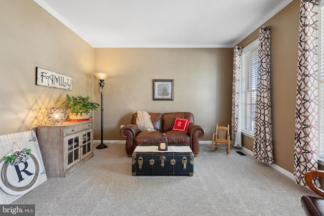 16 Zachary Ct, Boonsboro, MD 21713 - carpeted living room with crown molding and baseboards