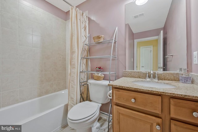 bathroom with vanity, shower / bath combination with curtain, toilet, and visible vents