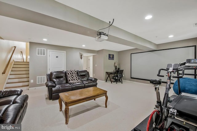 interior space with stairway, baseboards, recessed lighting, and visible vents