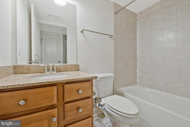 full bath with toilet, visible vents, tub / shower combination, and vanity