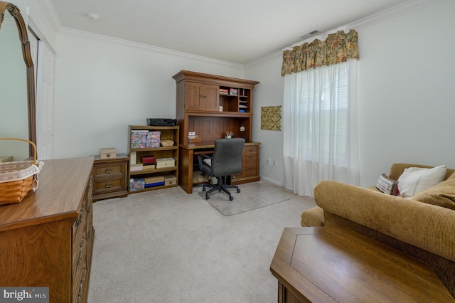 office area with crown molding and light colored carpet