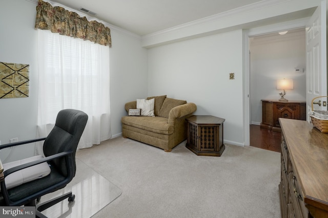 office space featuring carpet floors, ornamental molding, baseboards, and visible vents