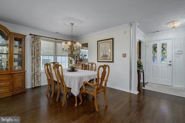 dining space with an inviting chandelier, plenty of natural light, and dark wood-style floors